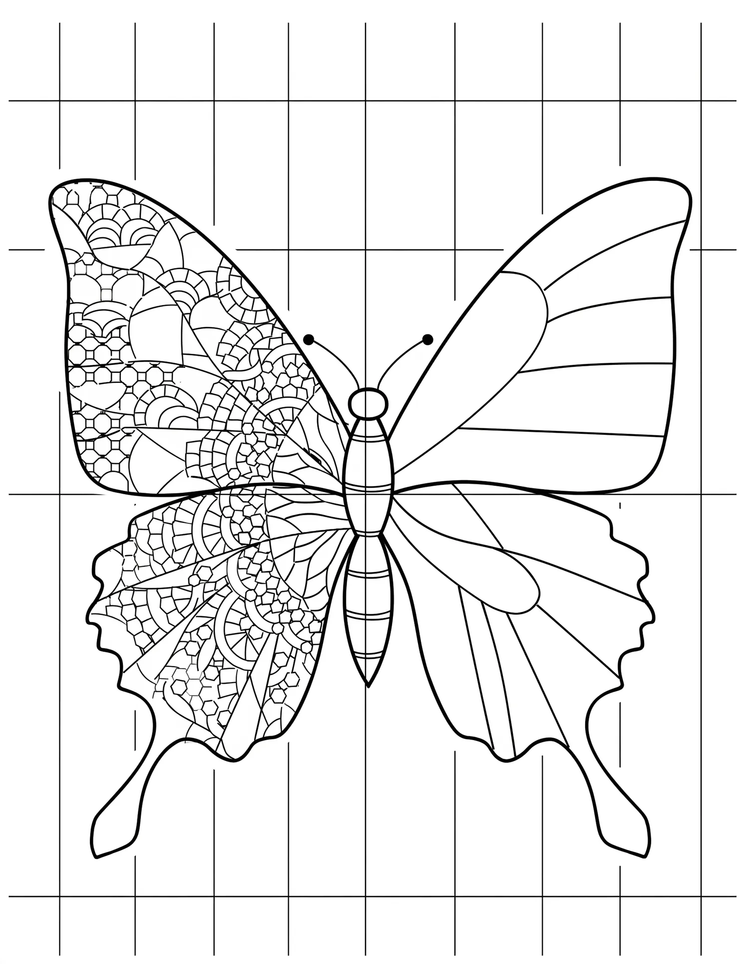 Papillon Symétrique à Reproduire sur Grille, Coloriage géométrique à imprimer gratuitement
